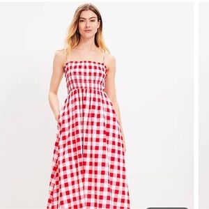 8P LOFT Gingham Smocked Strappy Maxi Pocket Dress NWT